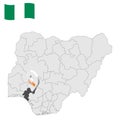 Location Ondo State on map Nigeria. 3d Ondo location sign. Flag of Nigeria. Quality map with States of Nigeria Royalty Free Stock Photo