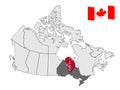 Location of Ontario on map Canada. 3d Ontario location sign. Flag of Ontario Province. Quality map of Canada.