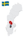 Location Orebro County on map Sweden. 3d location sign similar to the flag of Orebro County. Quality map with regions of Sweden