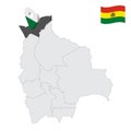 Location Pando Department on map Bolivia. 3d location sign similar to the flag of Pando. Quality map with Departments of Boliv