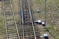 Railway rails and sleepers, summer day, top view. Royalty Free Stock Photo