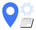 Location pin, calendar, and gear symbolizing organization, scheduling, and system optimization Royalty Free Stock Photo