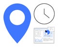 Location Pin, Clock, and Data Analytics Dashboard Representing Navigation, Time, and Performance Royalty Free Stock Photo