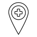 Location pin with cross thin line icon. Hospital location vector illustration isolated on white. Pin location with Royalty Free Stock Photo