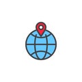 Location pin on a globe filled outline icon