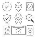 Location pin map, quality certified, shield, check list test document signs with checkmark. Outline approved and correct icon in