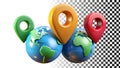 Location pins on globe, global locations, map pins, world locations, travel icons png transparent image Generative AI