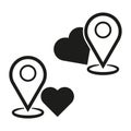 Location pins and heart, map navigation. Love travel symbol. Vector illustration. EPS 10. Royalty Free Stock Photo