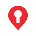 Location pointer with key hole logo, locked map pin icon, gps symbol vector illustration