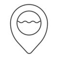 Location pointer with water waves thin line icon, waterpark concept, sea waves and map marker sign on white background