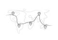 Location pointers on world map one line drawing. Location pins on map continuous line drawing. GPS navigation pointers on map. One Royalty Free Stock Photo