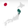 Location of Prefecture Miyagi on map Japan. 3d Miyagi location mark. Quality map with regions of Japan