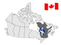 Location of Quebec on map Canada. 3d Quebec location sign. Flag of Quebec Province. Quality map of Canada