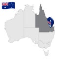 Location of Queensland on map Australia. 3d Queensland  flag map marker location pin. Quality map with States of Australia Royalty Free Stock Photo