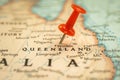 Location Queensland state in Australia, map with push pin close-up, travel and journey concept Royalty Free Stock Photo