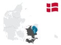 Location Region Zealand on map Denmark. 3d location sign similar to the flag of Region Zealand. Quality map with regions of Denma