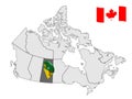 Location of Saskatchewan on map Canada. 3d Saskatchewan location sign. Flag of Saskatchewan Province.