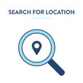 Location search icon. Vector illustration of a magnifier tool with location icon in it. Represents concept of searching on the map Royalty Free Stock Photo