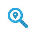 Location search vector icon. Magnifying glass with map pin blue color flat symbol isolated. Vector EPS 10 Royalty Free Stock Photo