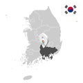 Location of South Gyeongsang on map South Korea. 3d location sign similar to the flag of Gyeongsangnam-do. Quality map with prov