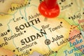 Location South Sudan, map with push pin close-up, travel and journey concept with marker, Africa