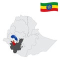 Location Southern Nations, Nationalities, and Peoples` Region on map Ethiopia. 3d location sign similar to the flag of SNNPR. Qu