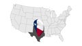 Location State of Texas on map USA. 3d State Texas flag map marker location pin. Map of United States of America showing differe