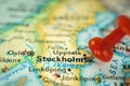Location Stockholm in Sweden, push pin on map close-up, marker of destination for travel, tourism and trip concept
