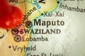 Location Swaziland and Lobamba, map with push pin close-up, travel and journey concept with marker, Africa