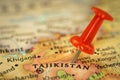 Location Tajikistan, travel map with push pin point marker close-up, Asia journey concept