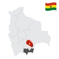 Location Tarija Department on map Bolivia. 3d location sign similar to the flag of Tarija.