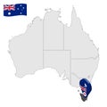 Location of Tasmania on map Australia. 3d Australian Tasmania  flag map marker location pin. Quality map with States of Australia Royalty Free Stock Photo