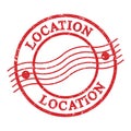 LOCATION, text written on red postal stamp