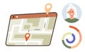Navigation Map with Location Pins, User Avatar, and Data Chart of User Analytics Royalty Free Stock Photo