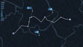 Location tracks dashboard. City street road. City streets and blocks, route distance data, path turns and destination