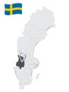 Location Varmland County on map Sweden. 3d location sign similar to the flag of Varmland County. Quality map with regions of Swe