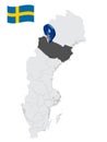 Location Vaterbotten County on map Sweden. 3d location sign similar to the flag of Vaterbotten County. Quality map with regions