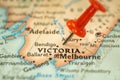 Location Victoria state in Australia, map with push pin close-up, travel and journey concept