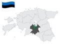 Location Viljandi County on map Estonia. 3d location sign similar to the flag of Viljandi County. Quality map with counties of E