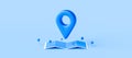 Locator mark of map and location pin or navigation icon sign on blue background with search concept. 3D rendering