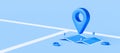 Locator mark of map and location pin or navigation icon sign on blue background with search concept. 3D rendering