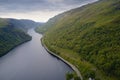 Loch Awe aerial birdseye view from above lake in moody sunrise sky in Argyll and Bute Scotland