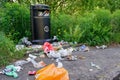 Loch Lomond Park, Scotland, UK, May 28th 2023, Rubbish bin at national park area overflowing with empty food bags and