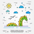 Loch Ness monster logo. Thin line icon for web design and appli