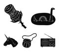 Loch Ness monster, thistle flower, unicorn, sporan. Scotland country set collection icons in black style vector symbol