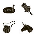 Loch Ness monster, thistle flower, unicorn, sporan. Scotland country set collection icons in black style vector symbol