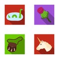 Loch Ness monster, thistle flower, unicorn, sporan. Scotland country set collection icons in flat style vector symbol