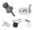 Loch Ness monster, thistle flower, unicorn, sporan. Scotland country set collection icons in monochrome style vector