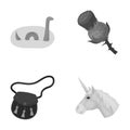 Loch Ness monster, thistle flower, unicorn, sporan. Scotland country set collection icons in monochrome style vector