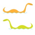 Loch Ness Nessy fictional creature set. Water monster with eye, tail Swimming floating Sea ocean wave. Dinosaur shape. Funny Cute